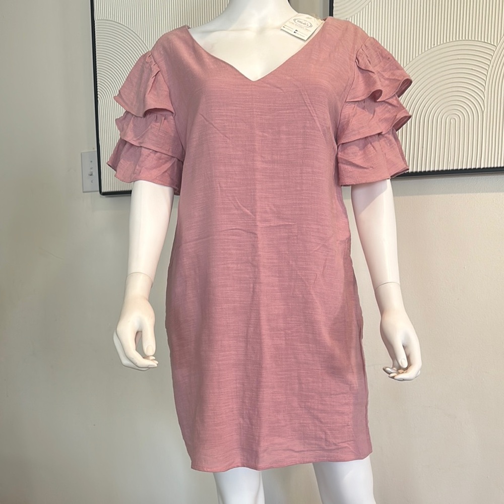 Entro Pink Flutter Sleeve V-Neck Sheath Dress